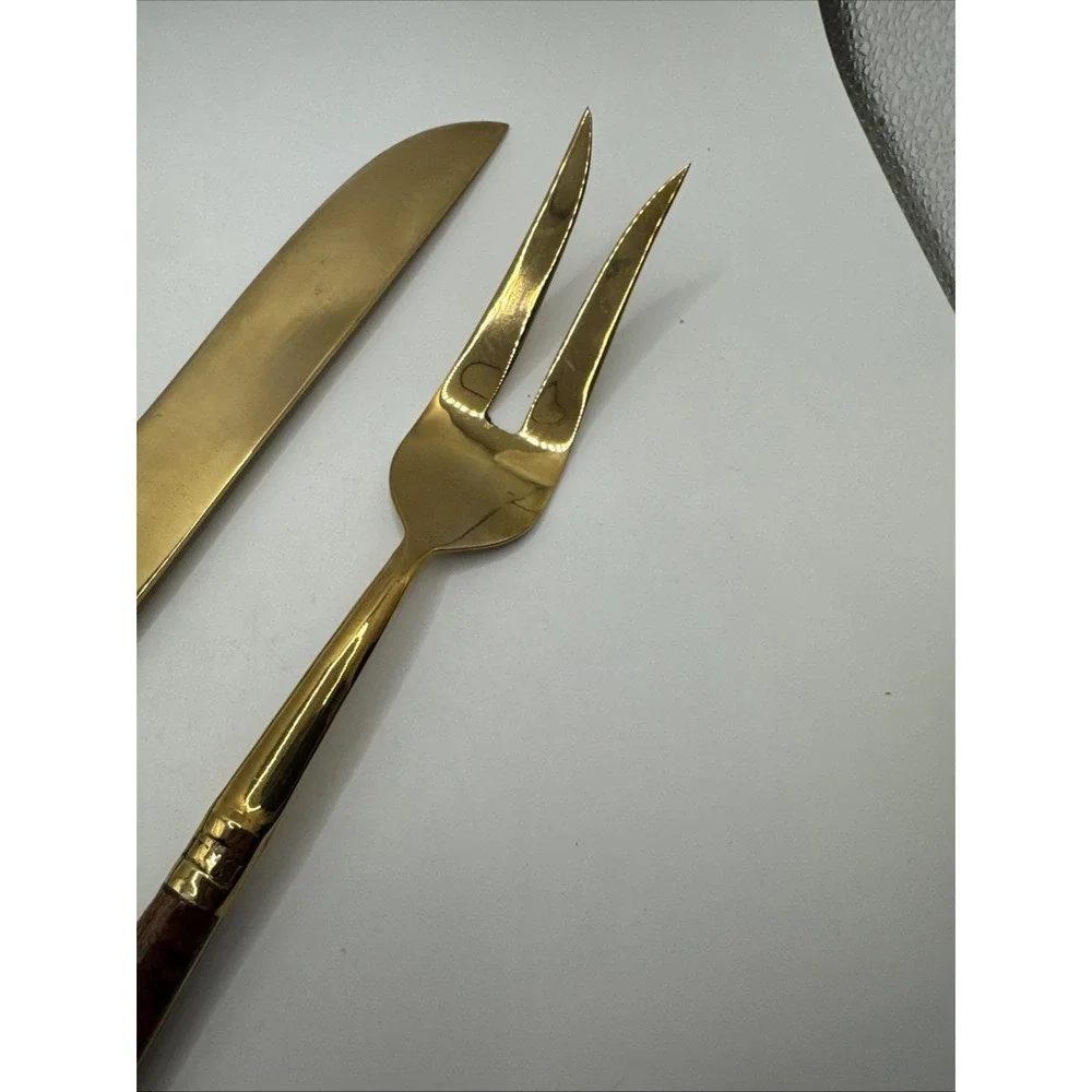 Vintage Burl wood handled‎ carving set. Gold tone.